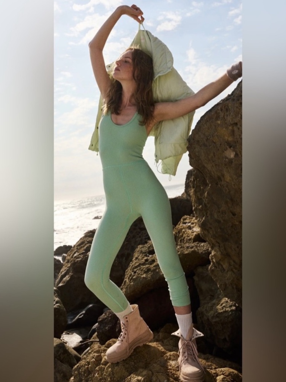 Free People Movement Free Throw Onesie Ribbed Scoop-Neck Jumpsuit in Mint Green‎